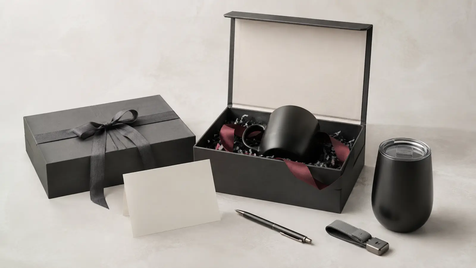 Refined corporate gift boxes, blank card, drinkware and executive accessories