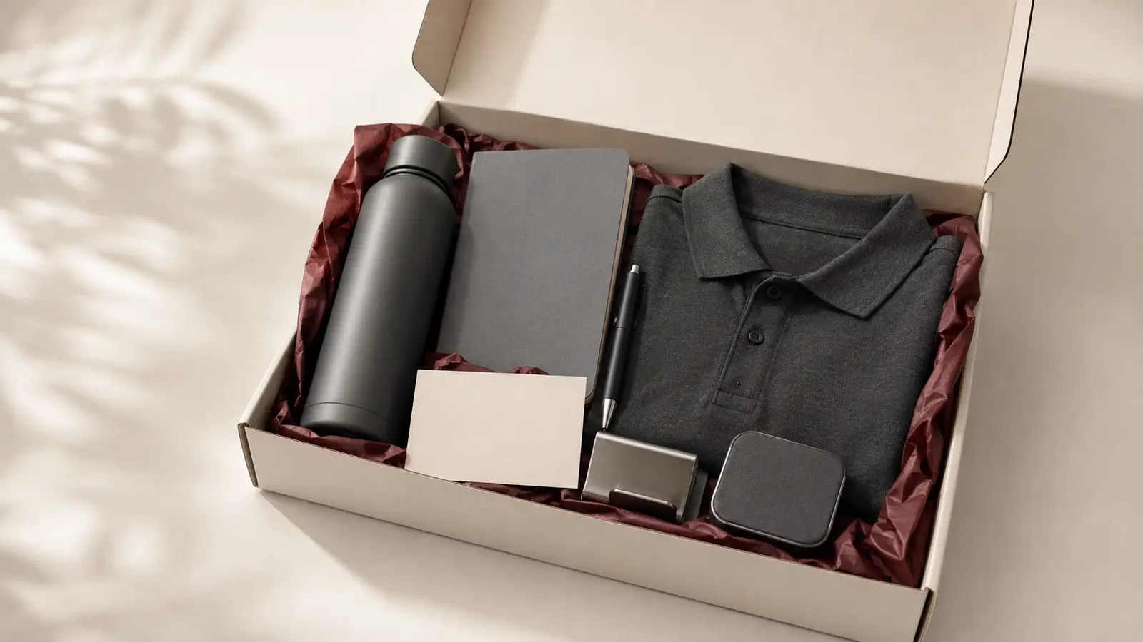 Premium employee welcome kit with presentation box, drinkware, stationery, apparel and accessories