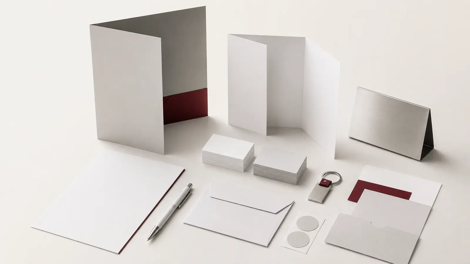 Coordinated blank business print and launch pack with folders, cards, stationery and signage sample