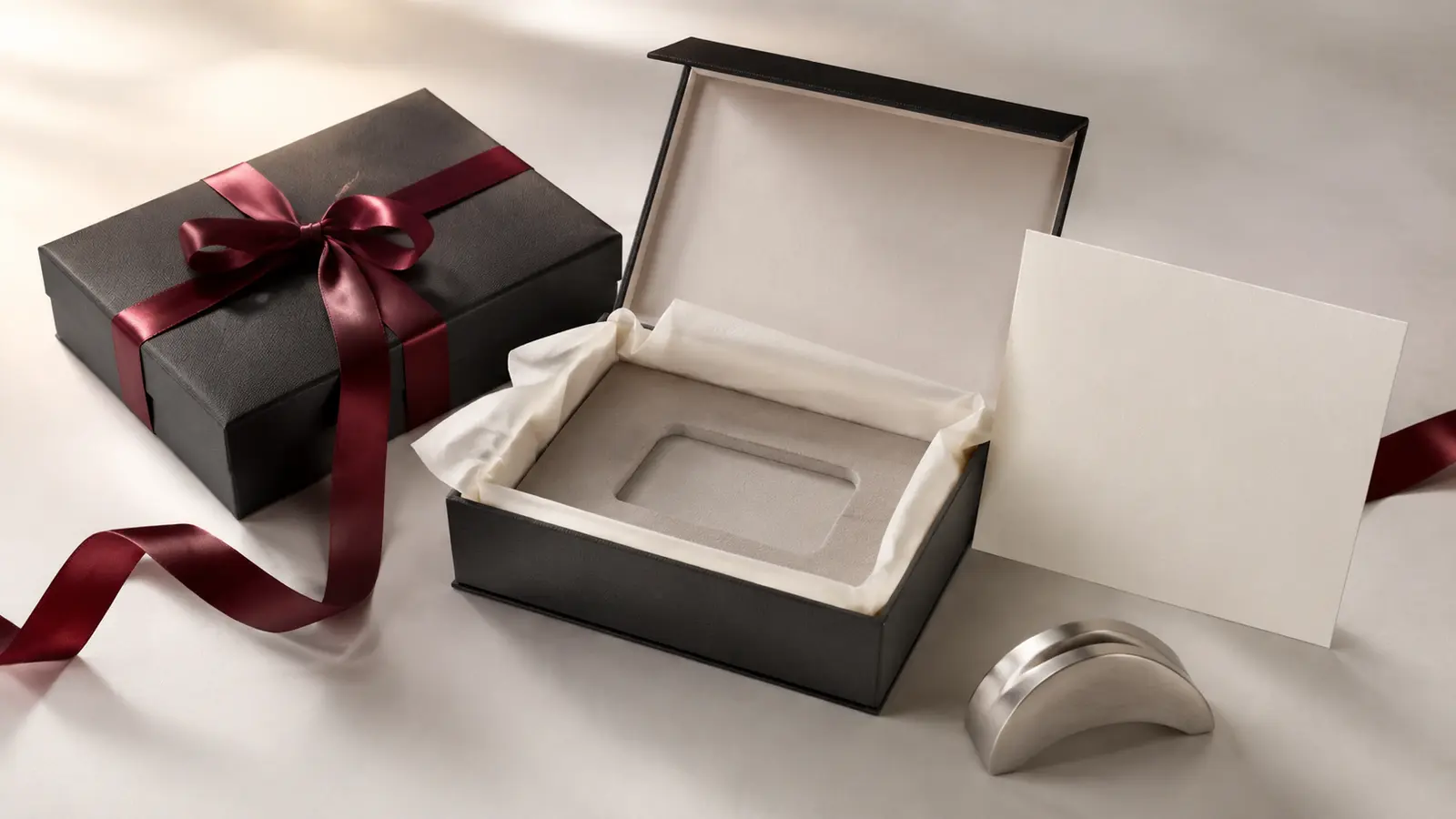 Culturally neutral seasonal corporate gifting arrangement with presentation boxes, blank card and refined gift item