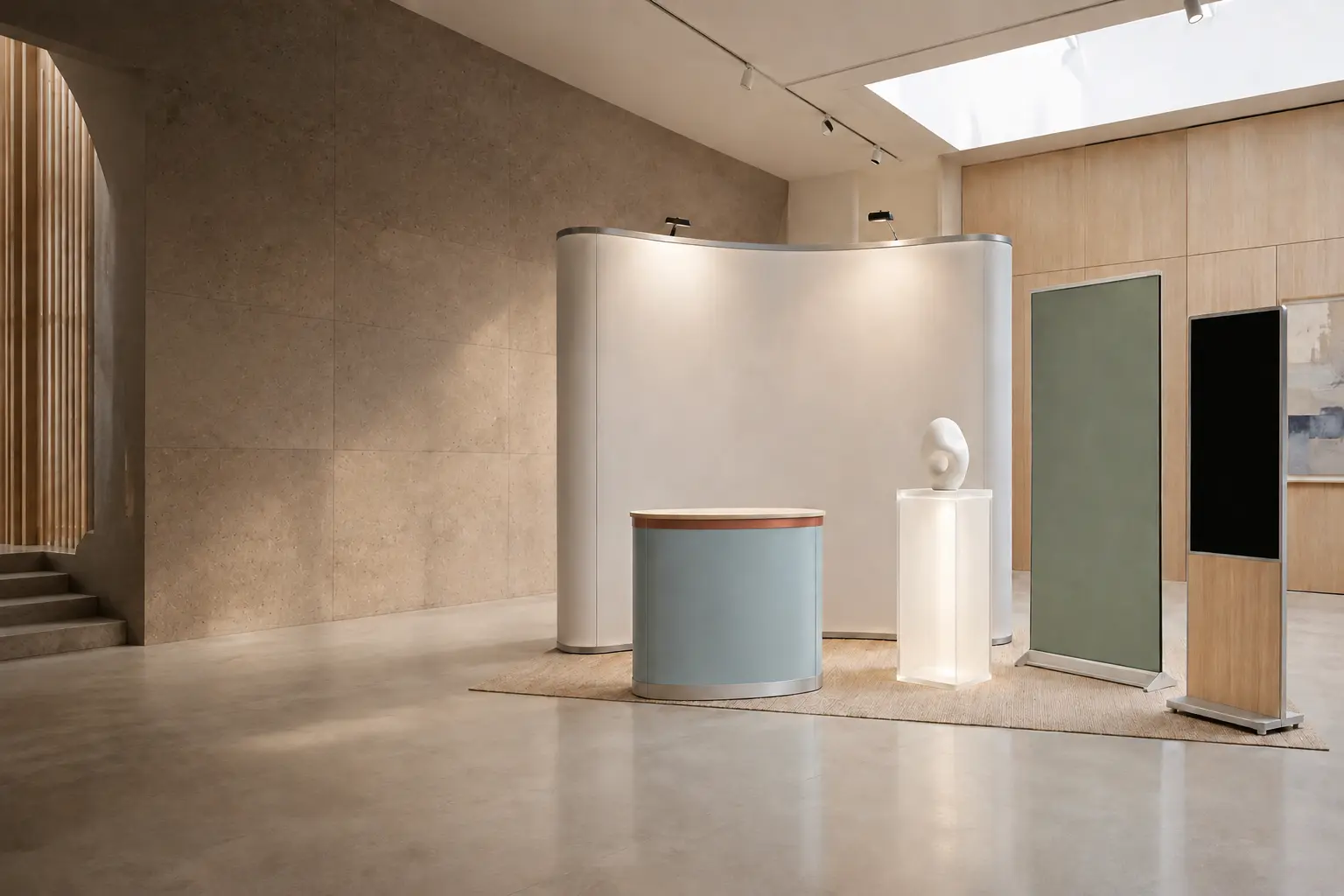 Illustrative premium portable advertising display systems in a refined studio setting
