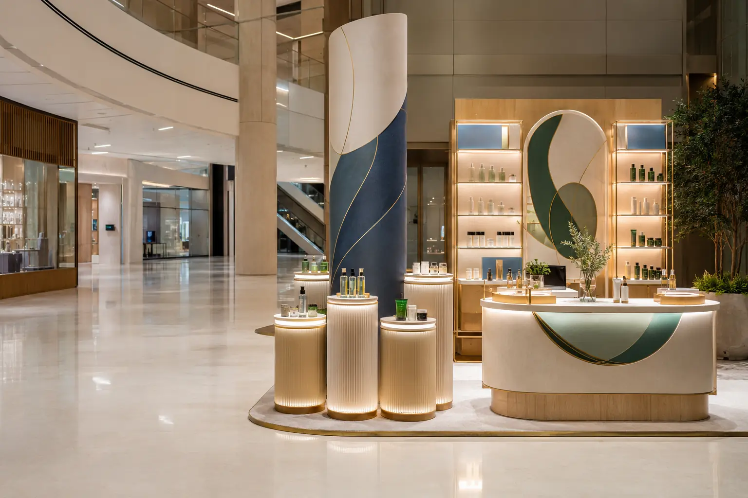 Illustrative premium freestanding retail display system with illuminated product presentation and an interaction counter