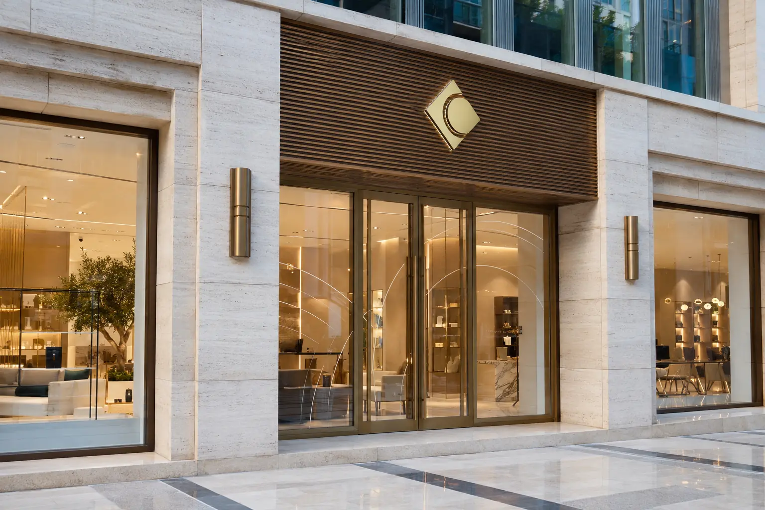 Illustrative premium storefront with dimensional identity signage and coordinated window graphics