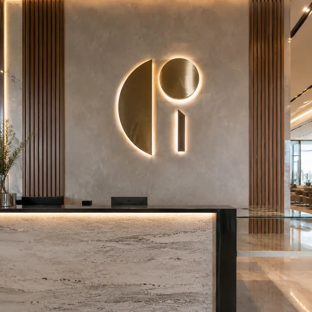Illustrative premium corporate reception with a dimensional backlit brand wall