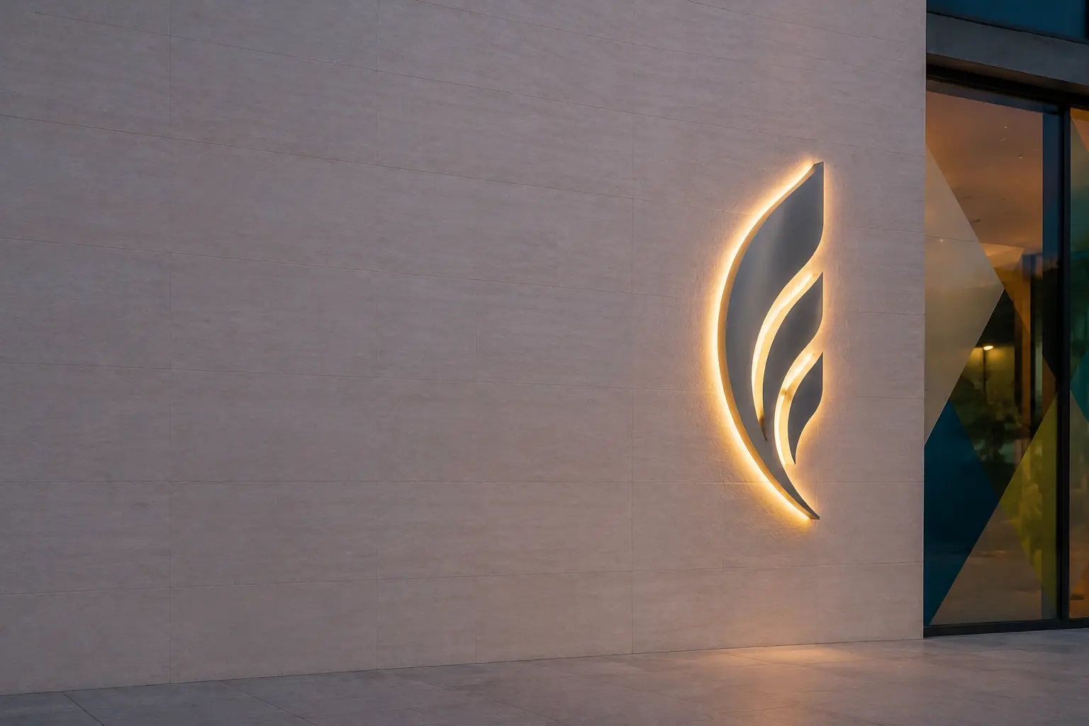 Illustrative halo-lit dimensional signage and coordinated large-format glazing graphics at a premium commercial entrance