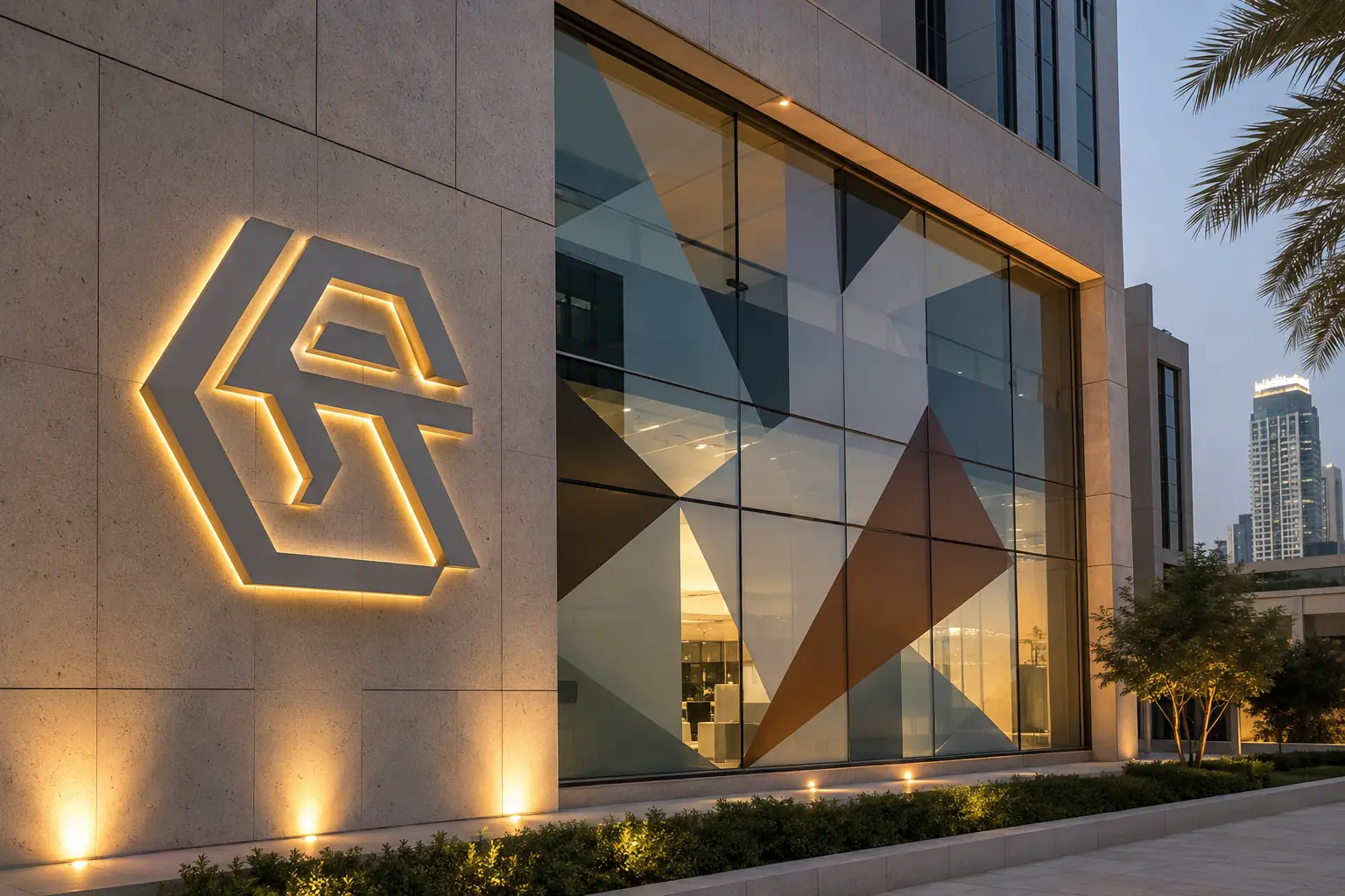 Illustrative illuminated dimensional signage and large-format glazing graphics on a contemporary commercial facade
